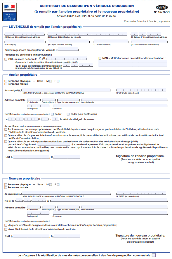 Certificat de cession Cerfa 15776*02 à remplir