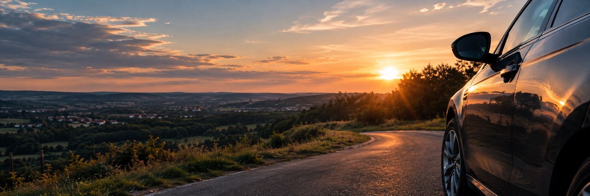 Voiture sur une route de campagne au coucher du soleil